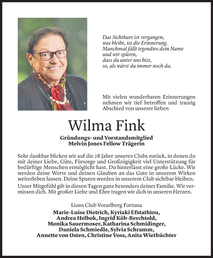  Todesanzeige für Wilma Fink vom 15.08.2022 aus Vorarlberger Nachrichten