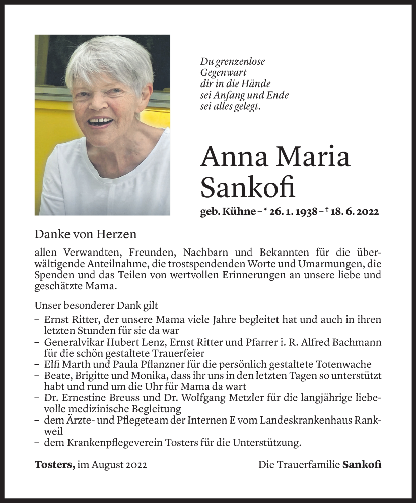  Todesanzeige für Anna Maria Sankofi vom 09.08.2022 aus Vorarlberger Nachrichten
