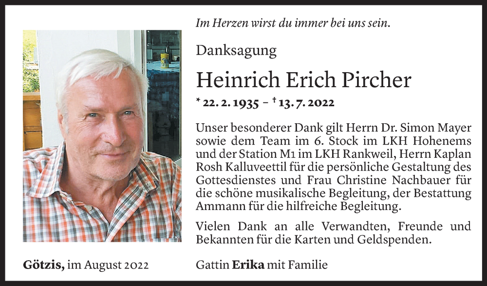  Todesanzeige für Heinrich Pircher vom 06.08.2022 aus Vorarlberger Nachrichten