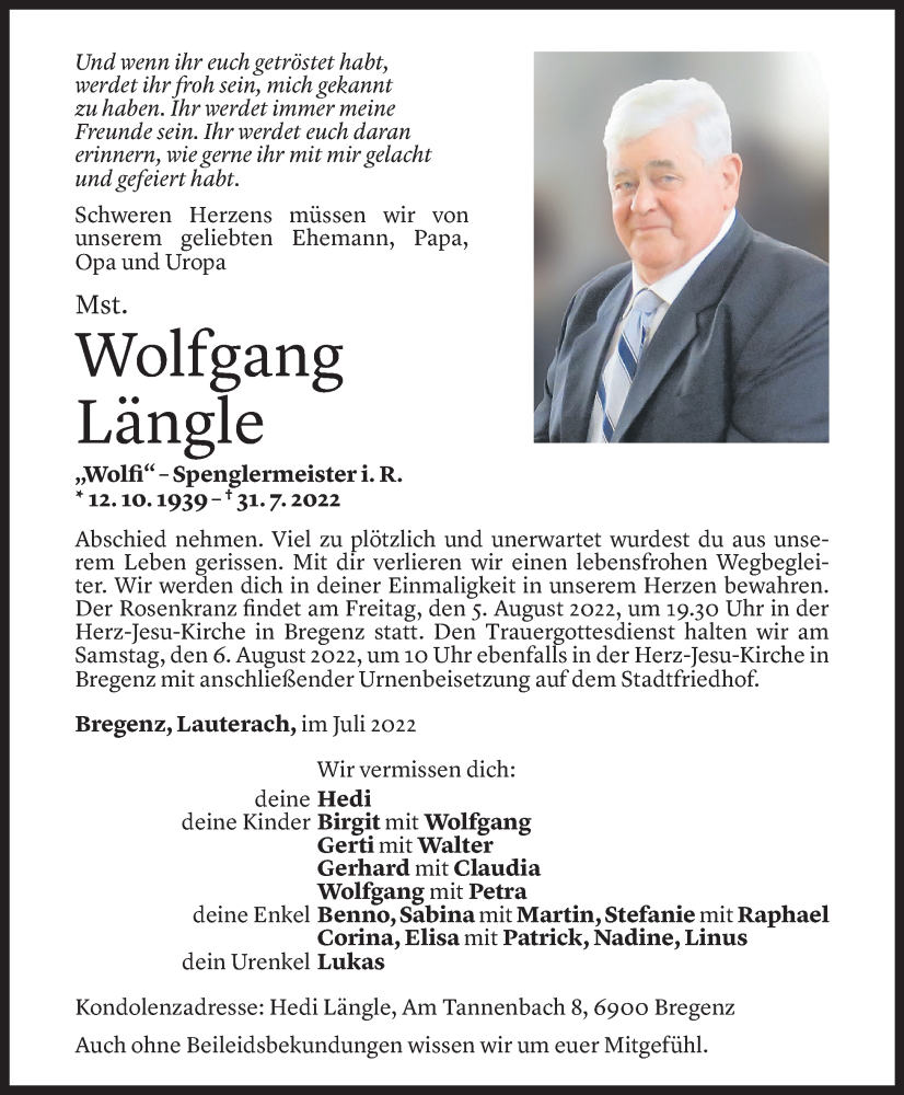  Todesanzeige für Wolfgang Längle vom 02.08.2022 aus Vorarlberger Nachrichten