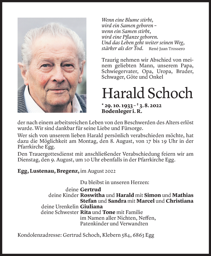  Todesanzeige für Harald Schoch vom 05.08.2022 aus Vorarlberger Nachrichten
