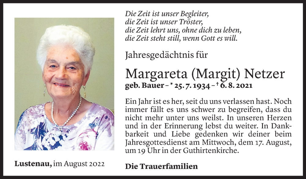  Todesanzeige für Margareta Netzer vom 05.08.2022 aus Vorarlberger Nachrichten