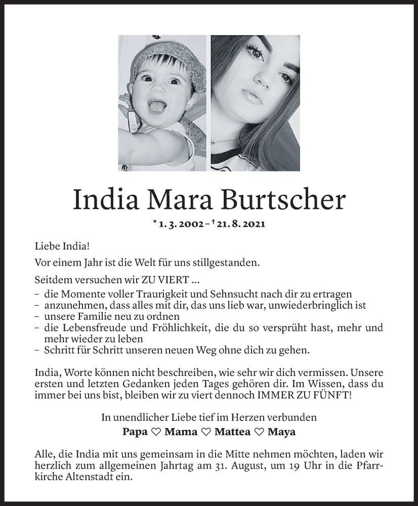  Todesanzeige für India Mara Burtscher vom 19.08.2022 aus Vorarlberger Nachrichten