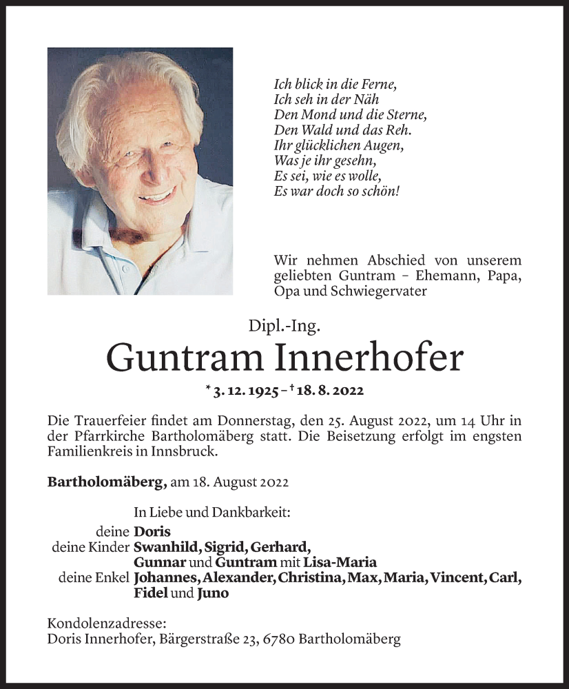  Todesanzeige für Guntram Innerhofer vom 19.08.2022 aus Vorarlberger Nachrichten