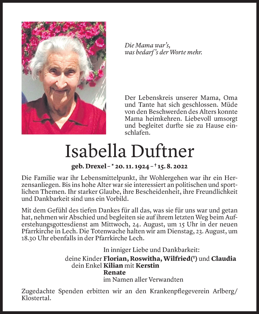  Todesanzeige für Isabella Duftner vom 20.08.2022 aus Vorarlberger Nachrichten