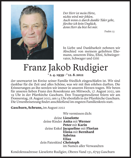 Todesanzeige von Franz Jakob Rudigier von Vorarlberger Nachrichten