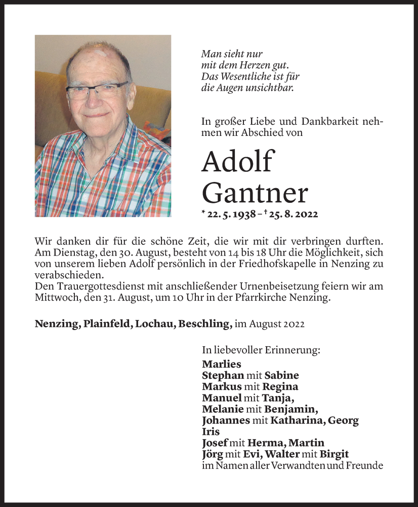  Todesanzeige für Adolf Gantner vom 27.08.2022 aus Vorarlberger Nachrichten