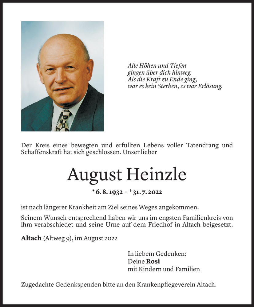  Todesanzeige für August Heinzle vom 04.08.2022 aus Vorarlberger Nachrichten