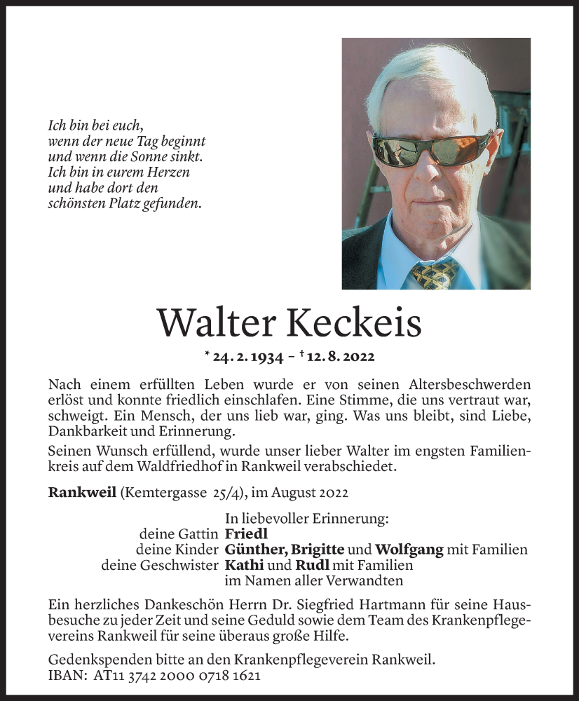  Todesanzeige für Walter Keckeis vom 20.08.2022 aus Vorarlberger Nachrichten