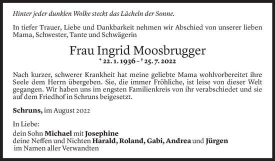 Todesanzeige von Ingrid Moosbrugger von Vorarlberger Nachrichten