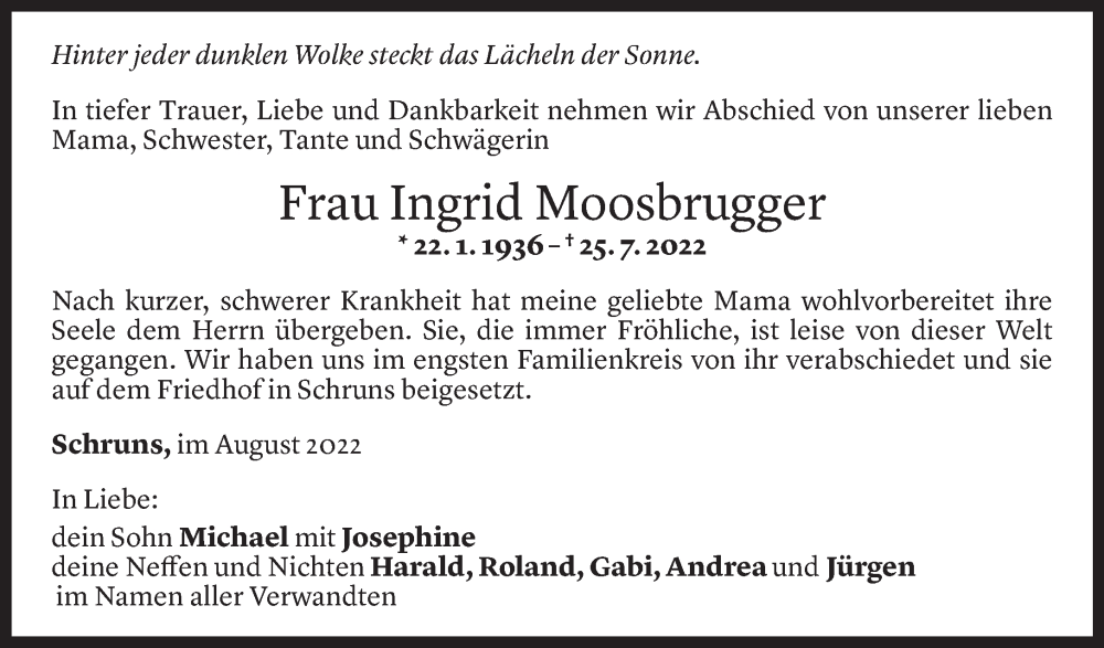  Todesanzeige für Ingrid Moosbrugger vom 04.08.2022 aus Vorarlberger Nachrichten