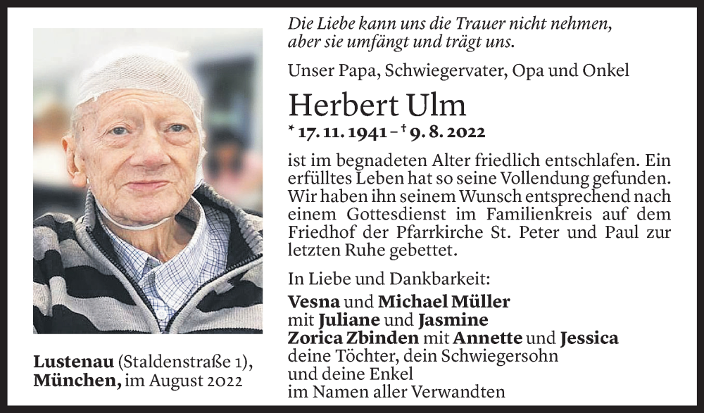  Todesanzeige für Herbert Ulm vom 13.08.2022 aus vorarlberger nachrichten