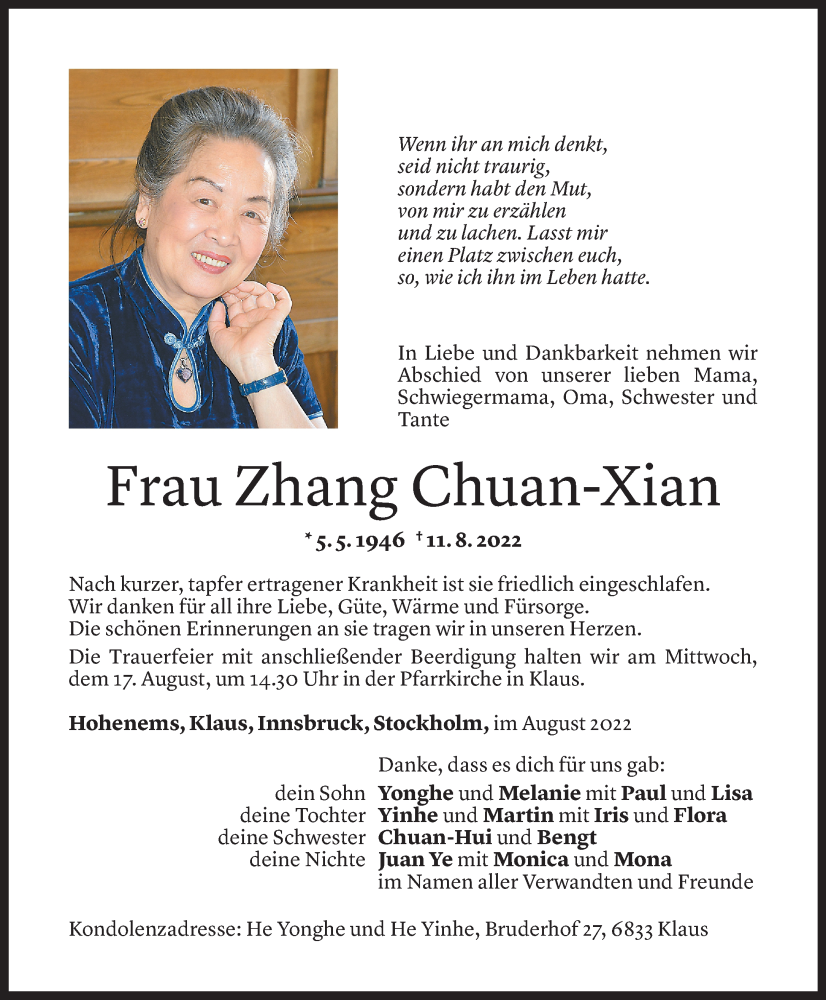  Todesanzeige für Zhang Chuan-Xian vom 13.08.2022 aus Vorarlberger Nachrichten