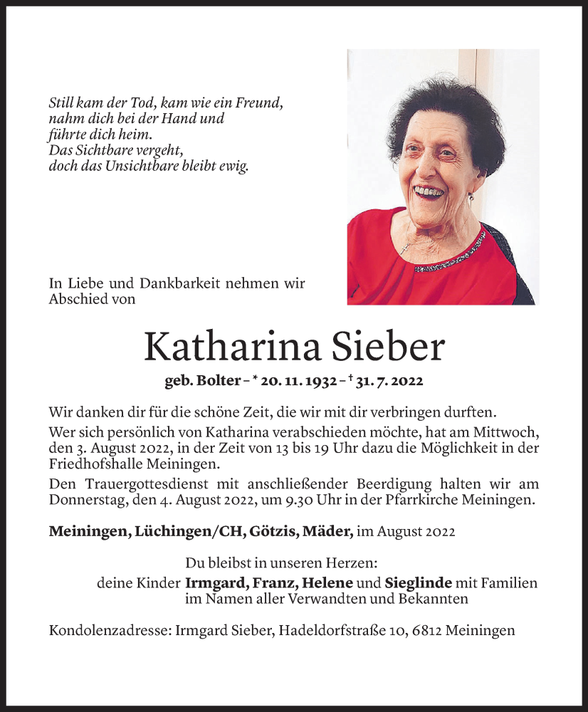  Todesanzeige für Katharina Sieber vom 01.08.2022 aus Vorarlberger Nachrichten