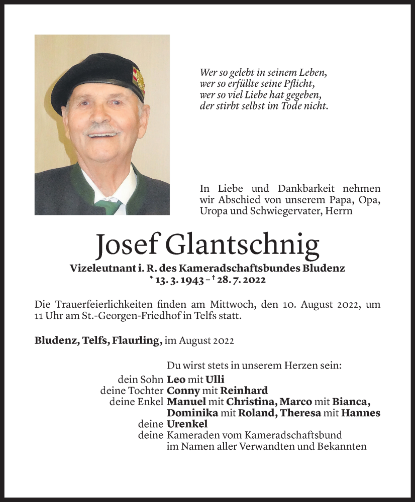  Todesanzeige für Josef Glantschnig vom 06.08.2022 aus Vorarlberger Nachrichten