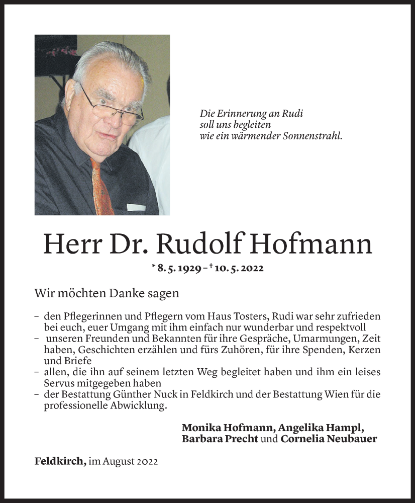  Todesanzeige für Rudolf Hofmann vom 24.08.2022 aus Vorarlberger Nachrichten