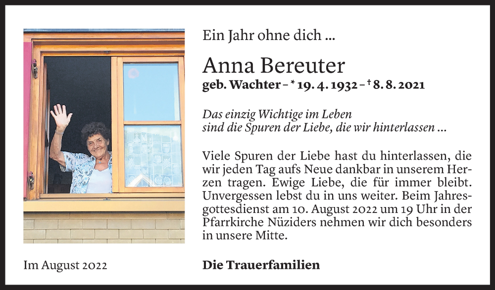  Todesanzeige für Anna Bereuter vom 05.08.2022 aus Vorarlberger Nachrichten