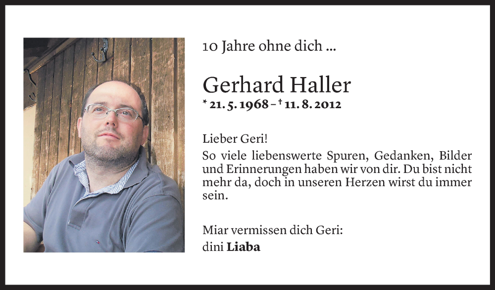  Todesanzeige für Gerhard Haller vom 10.08.2022 aus Vorarlberger Nachrichten