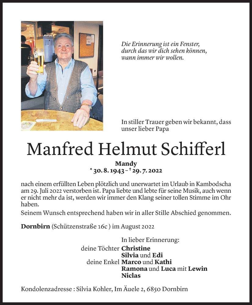  Todesanzeige für Manfred Helmut Schifferl vom 06.08.2022 aus Vorarlberger Nachrichten