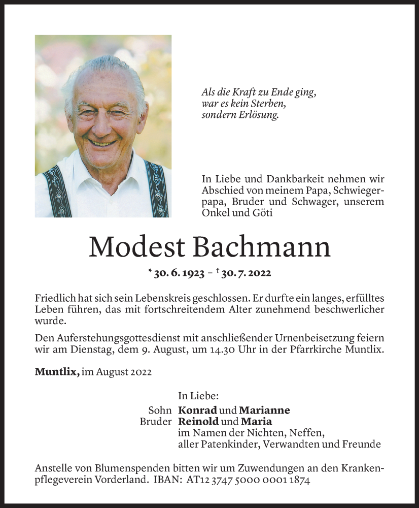  Todesanzeige für Modest Bachmann vom 06.08.2022 aus Vorarlberger Nachrichten