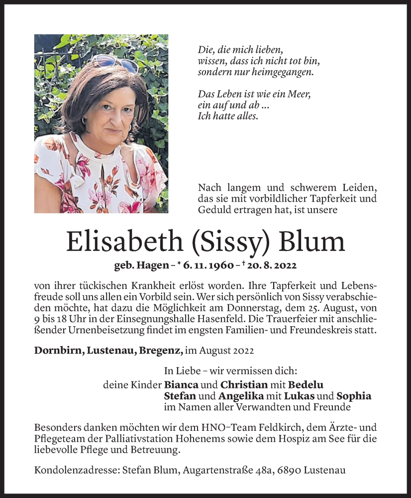  Todesanzeige für Elisabeth Blum vom 23.08.2022 aus Vorarlberger Nachrichten