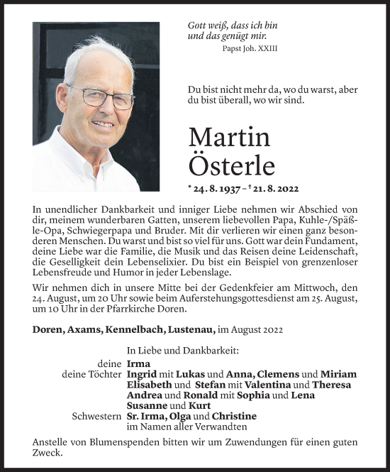 Todesanzeige von Martin Österle von Vorarlberger Nachrichten