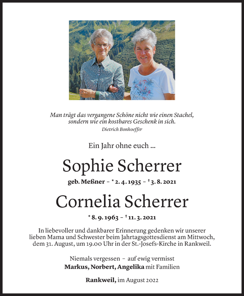  Todesanzeige für Sophie Scherrer vom 06.08.2022 aus vorarlberger nachrichten