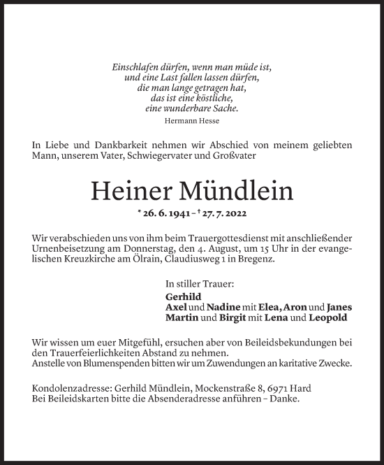 Todesanzeige von Heiner Mündlein von Vorarlberger Nachrichten