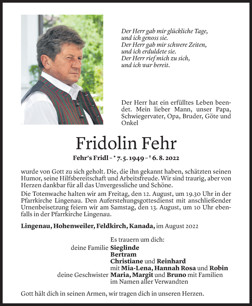  Todesanzeige für Fridolin Fehr vom 10.08.2022 aus vorarlberger nachrichten