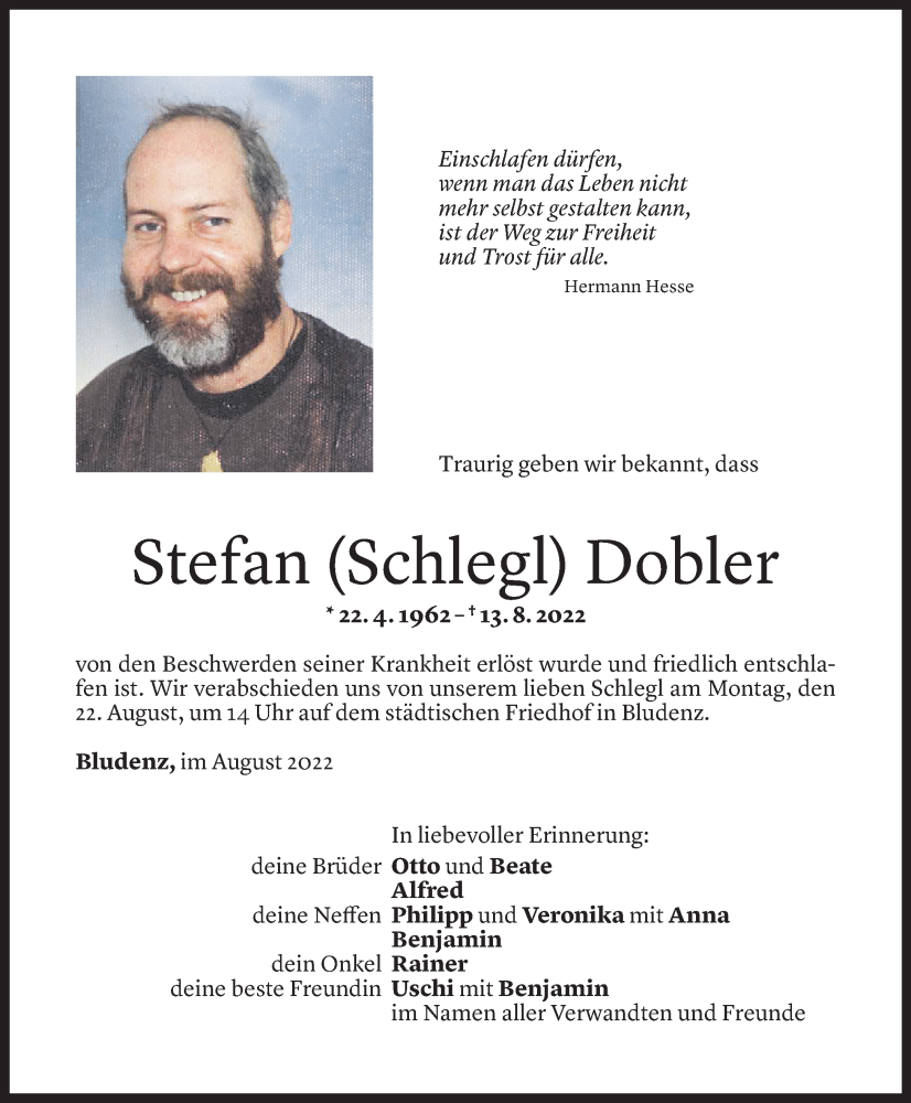  Todesanzeige für Stefan Dobler vom 18.08.2022 aus Vorarlberger Nachrichten