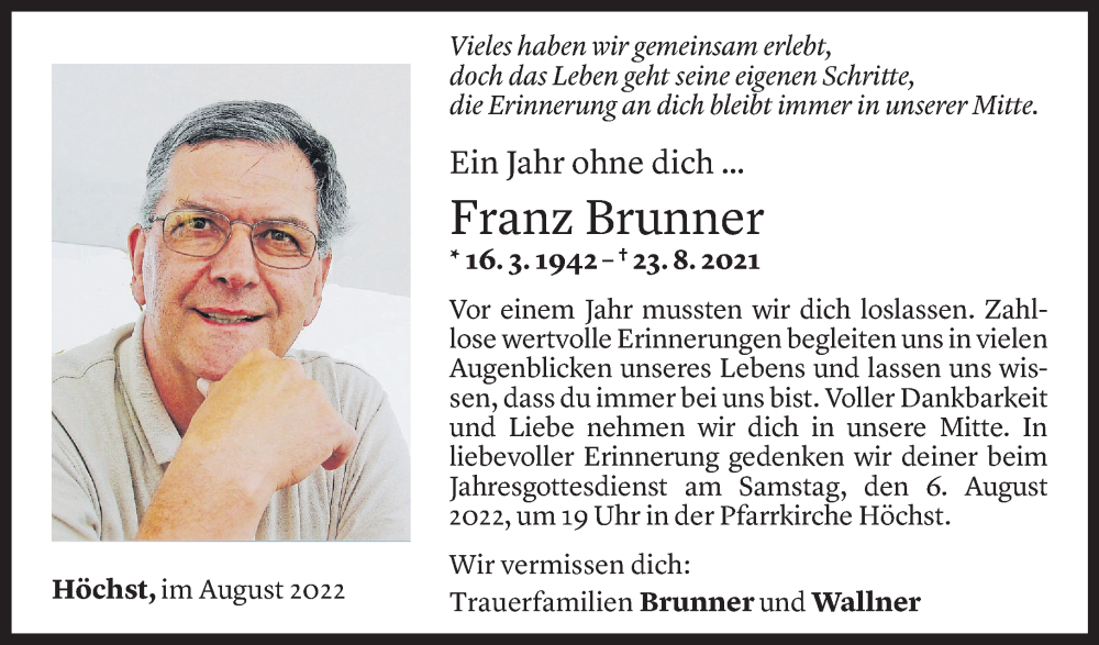  Todesanzeige für Franz Brunner vom 02.08.2022 aus Vorarlberger Nachrichten
