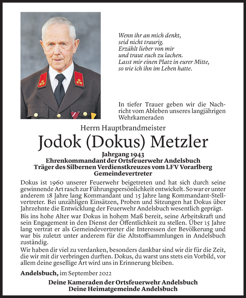  Todesanzeige für Jodok Metzler vom 20.09.2022 aus Vorarlberger Nachrichten