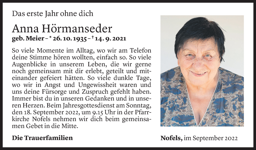  Todesanzeige für Anna Hörmanseder vom 14.09.2022 aus Vorarlberger Nachrichten