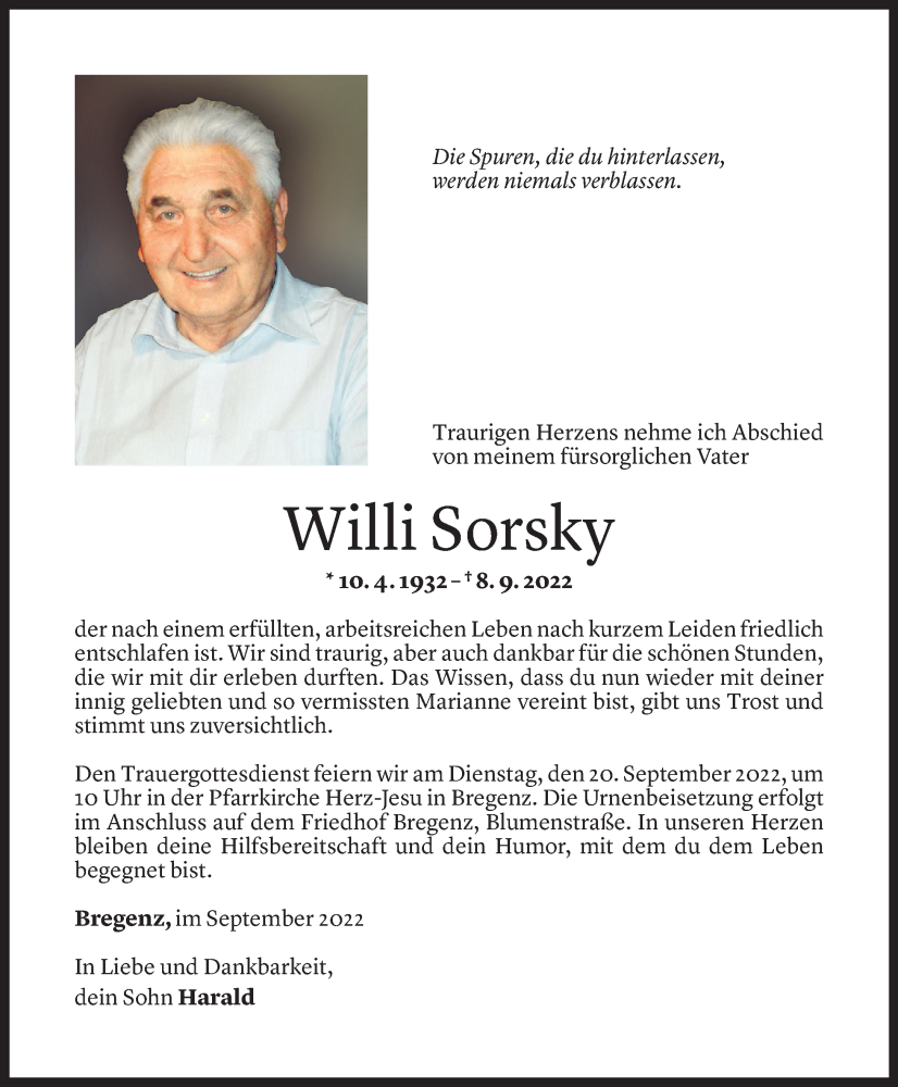  Todesanzeige für Willi Sorsky vom 16.09.2022 aus Vorarlberger Nachrichten