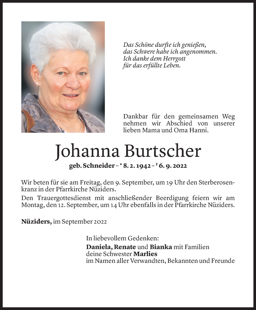  Todesanzeige für Johanna Burtscher vom 09.09.2022 aus Vorarlberger Nachrichten