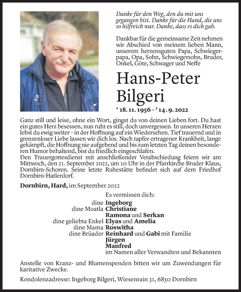  Todesanzeige für Hans-Peter Bilgeri vom 16.09.2022 aus Vorarlberger Nachrichten