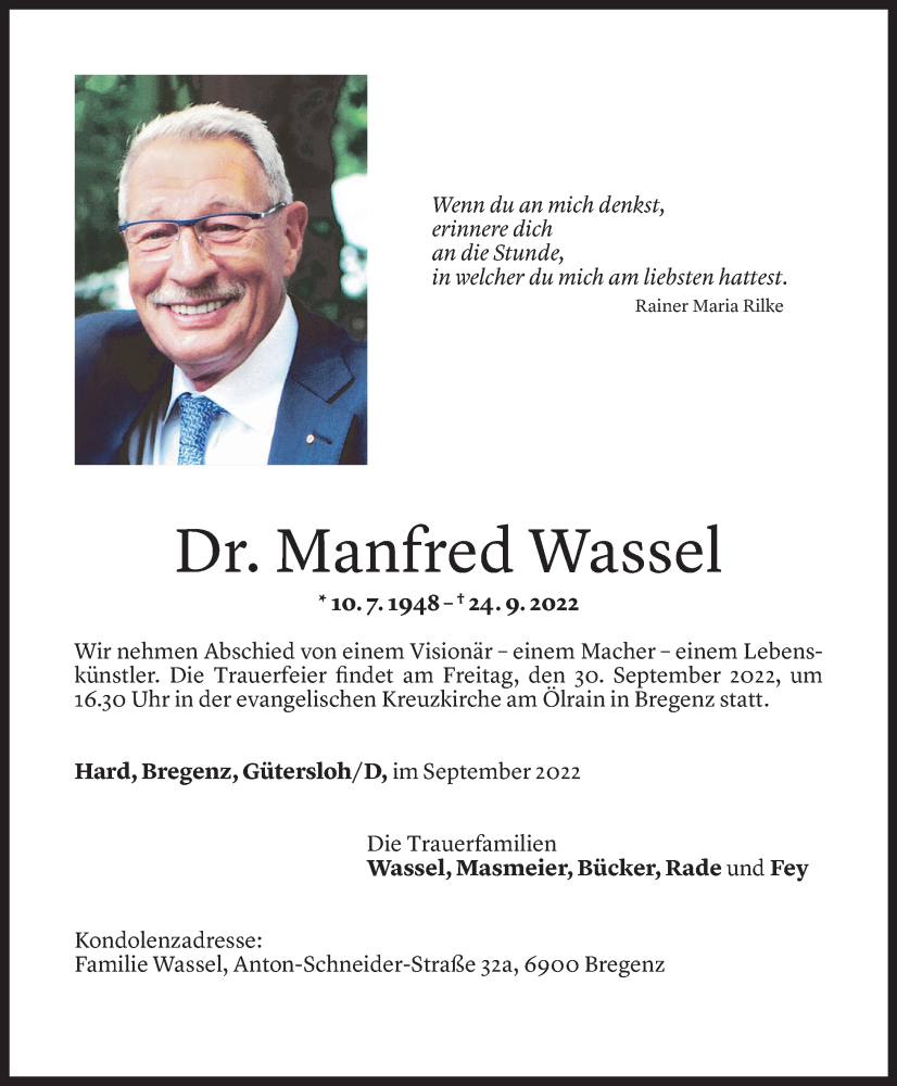  Todesanzeige für Manfred Wassel vom 28.09.2022 aus Vorarlberger Nachrichten