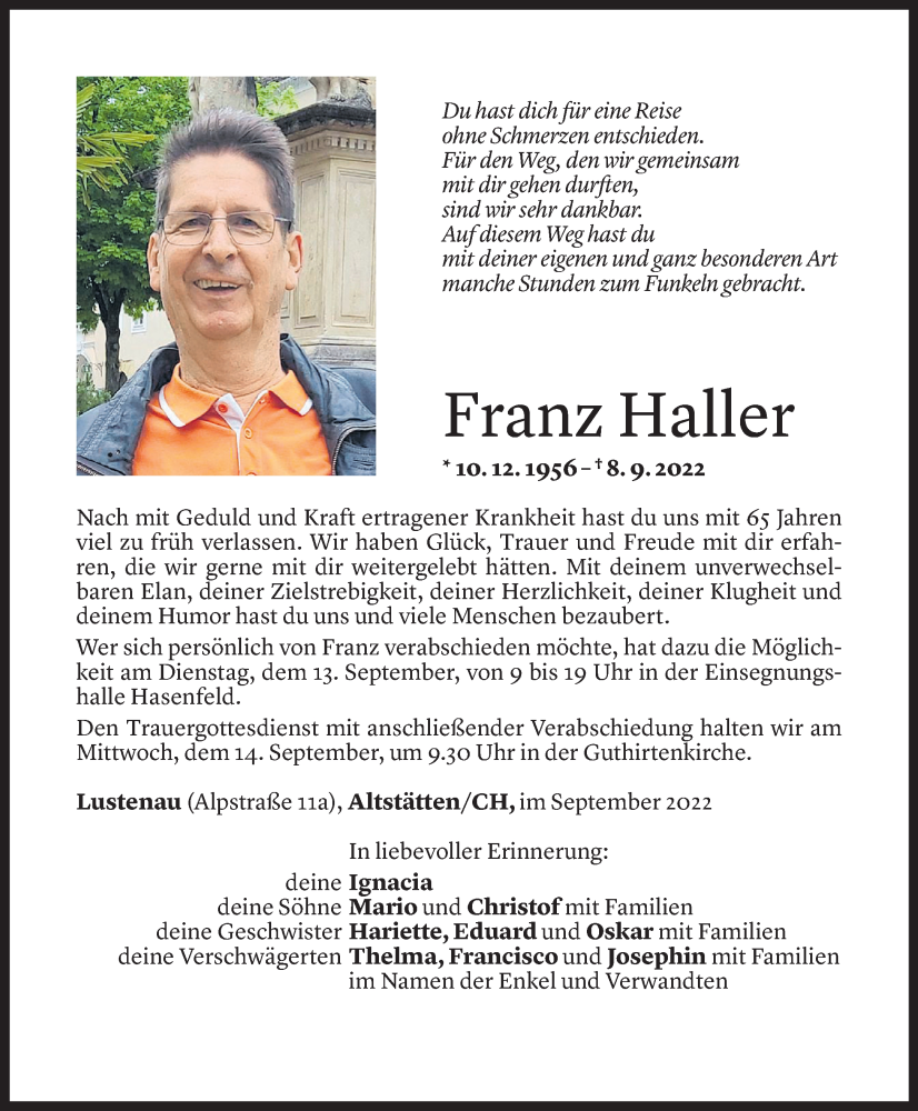  Todesanzeige für Franz Haller vom 09.09.2022 aus Vorarlberger Nachrichten