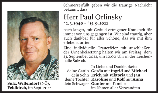 Todesanzeige von Paul Orlinsky von Vorarlberger Nachrichten