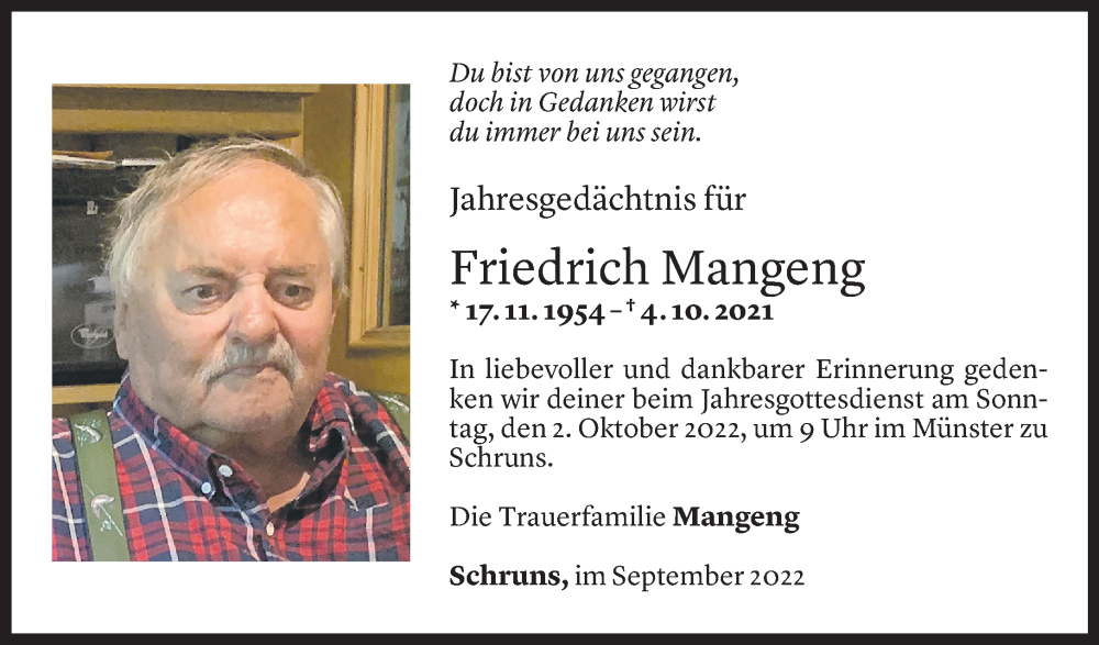  Todesanzeige für Friedrich Mangeng vom 23.09.2022 aus Vorarlberger Nachrichten