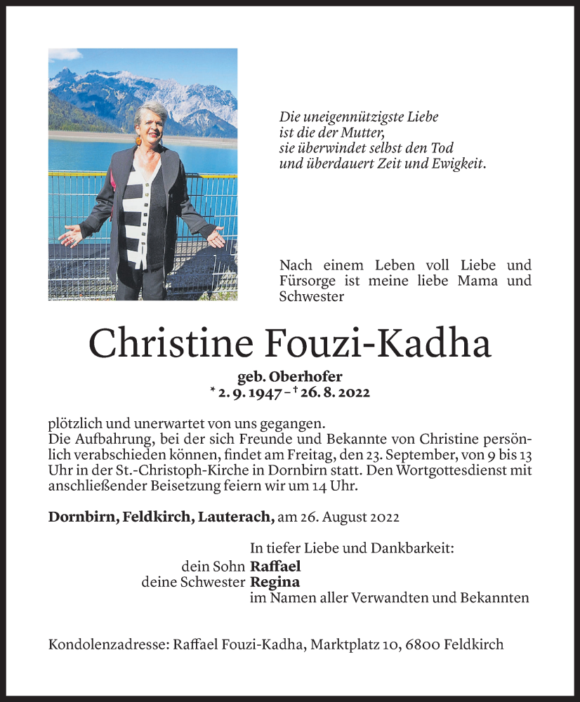  Todesanzeige für Christine Fouzi-Kadha vom 20.09.2022 aus Vorarlberger Nachrichten