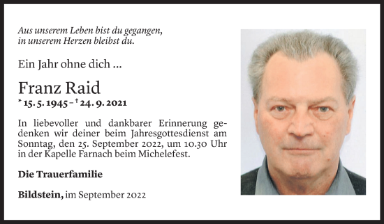 Todesanzeige von Franz Raid von Vorarlberger Nachrichten