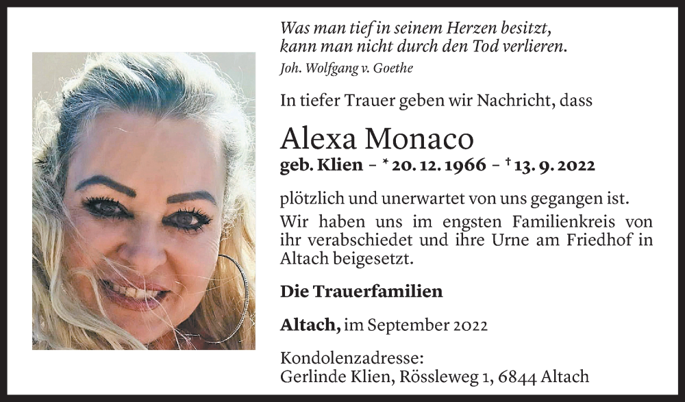  Todesanzeige für Alexa Monaco vom 27.09.2022 aus Vorarlberger Nachrichten