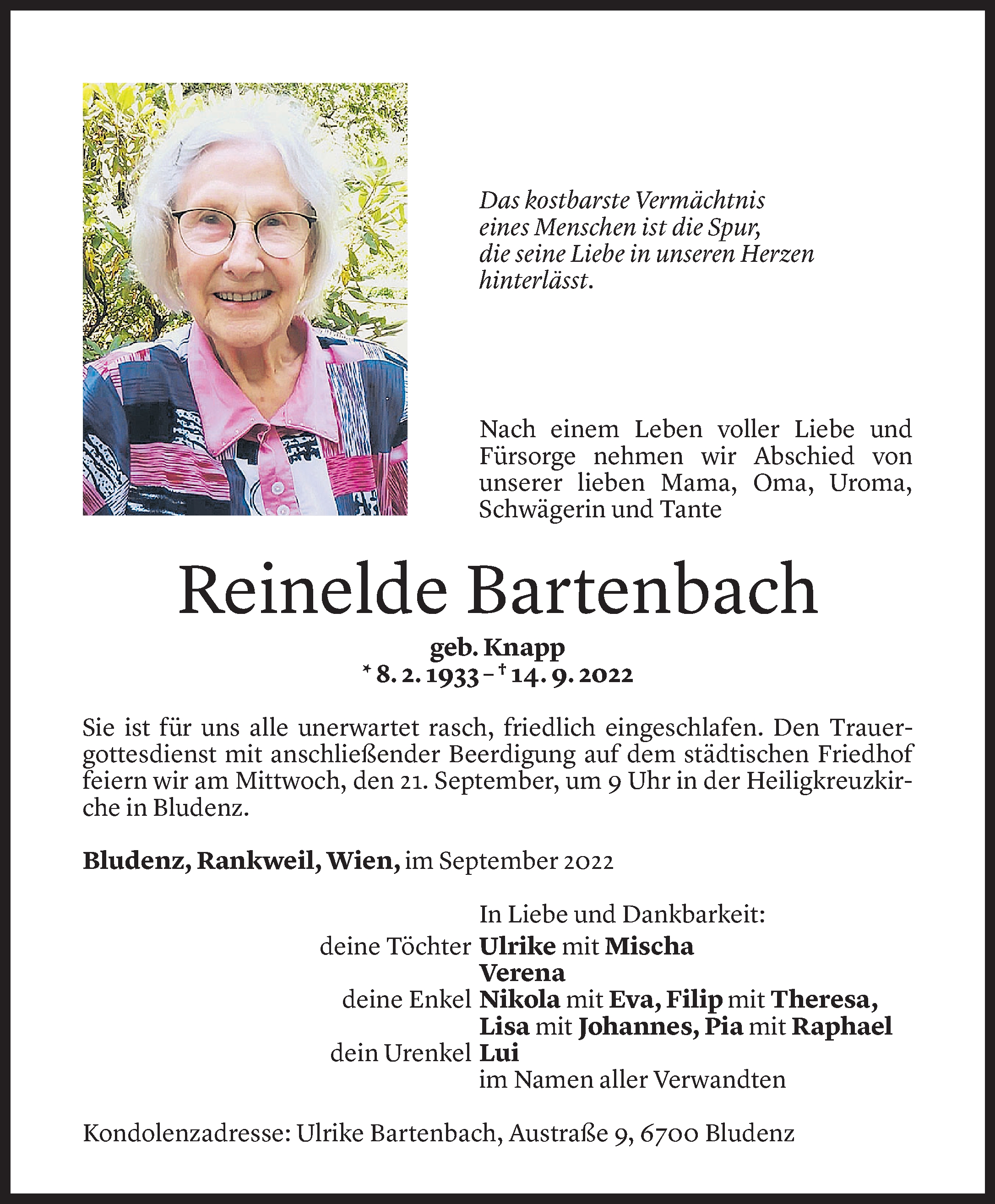 Todesanzeige von Reinelde Bartenbach von Vorarlberger Nachrichten