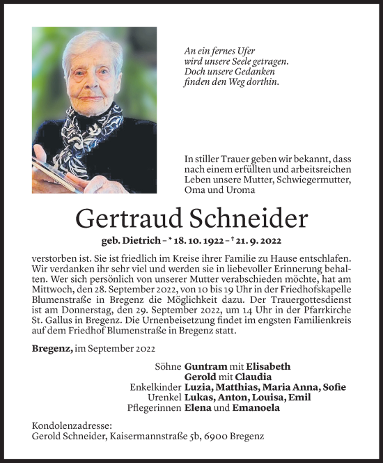 Todesanzeige von Gertraud Schneider von Vorarlberger Nachrichten