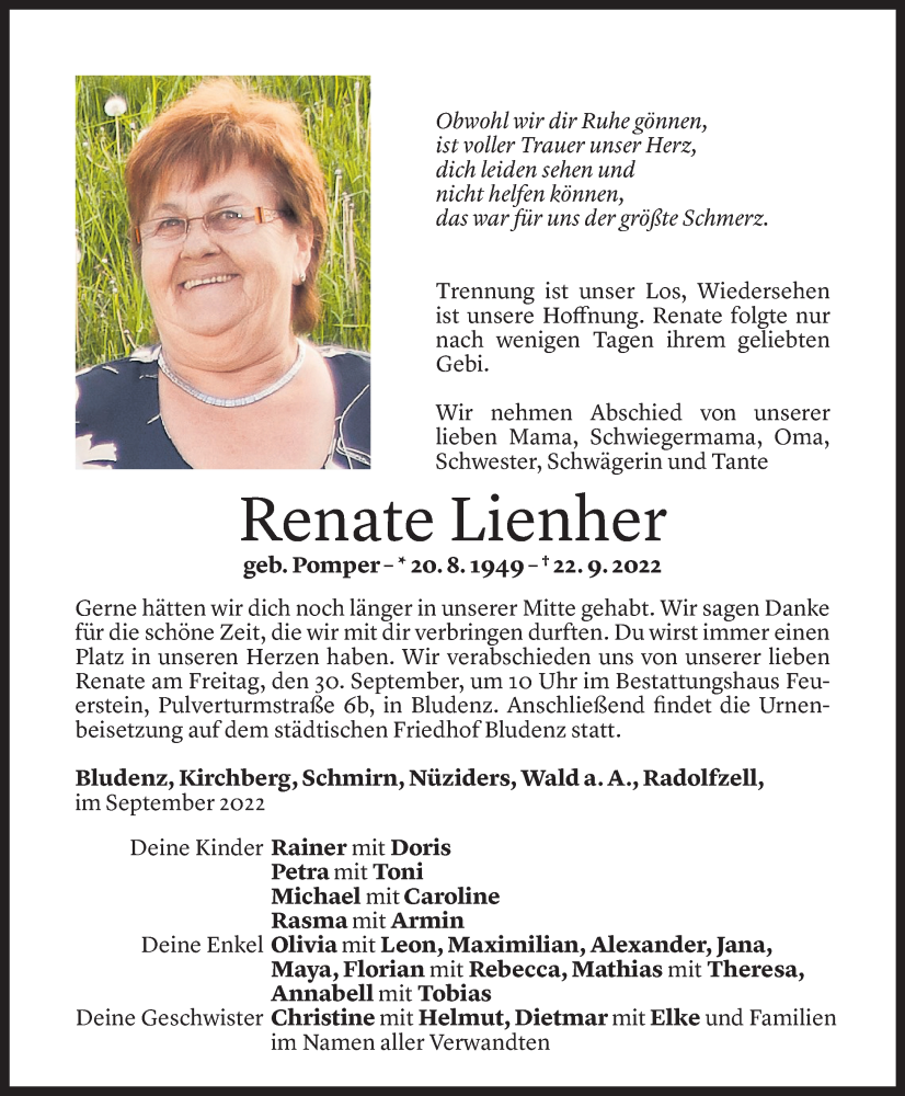 Todesanzeige für Renate Lienher vom 28.09.2022 aus Vorarlberger Nachrichten