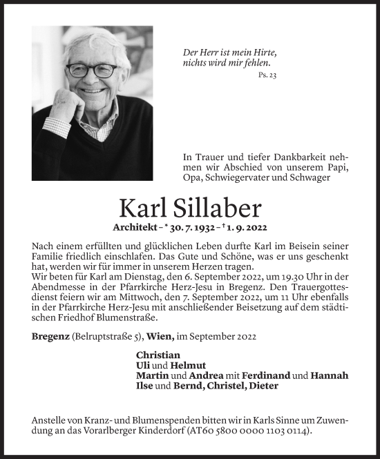 Todesanzeige von Karl Sillaber von Vorarlberger Nachrichten