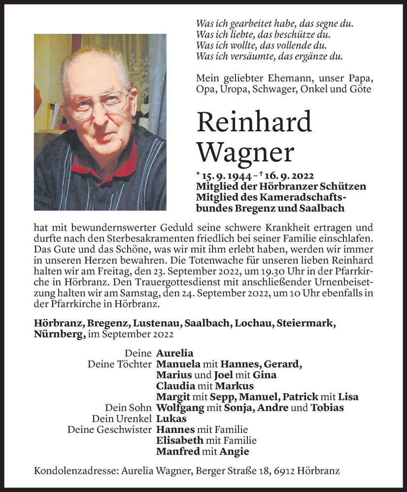  Todesanzeige für Reinhard Wagner vom 19.09.2022 aus Vorarlberger Nachrichten