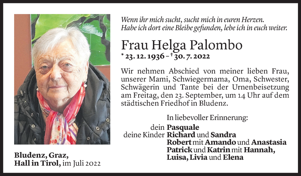  Todesanzeige für Helga Palombo vom 17.09.2022 aus Vorarlberger Nachrichten
