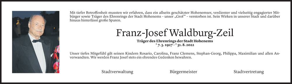  Todesanzeige für Franz-Josef Waldburg-Zeil-Lustenau-Hohenems vom 02.09.2022 aus Vorarlberger Nachrichten